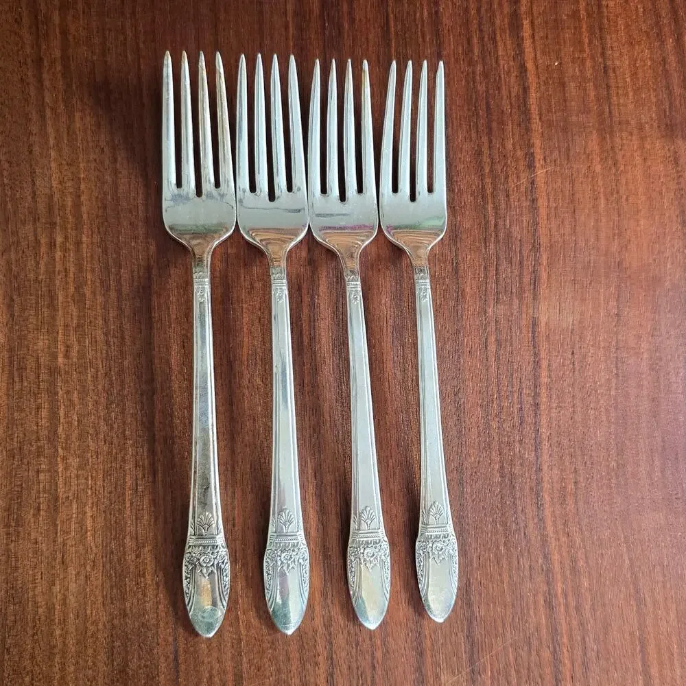 Vintage 1847 Rogers Bros FIRST LOVE 4 Dinner Forks Silverplate Art Deco Cottage